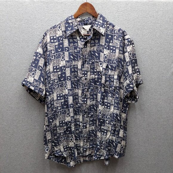 Spring Italy 100% Pure Silk Short Sleeve Shirt I Blue & White Geometric Pattern - Picture 1 of 3